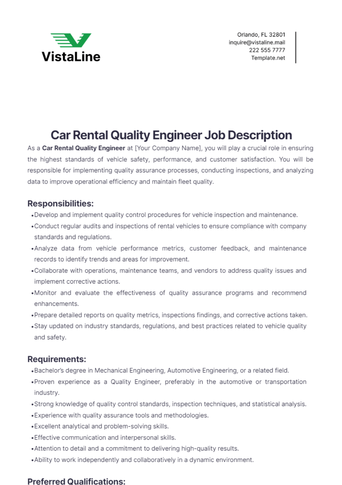 Car Rental Quality Engineer Job Description Template Edit Online
