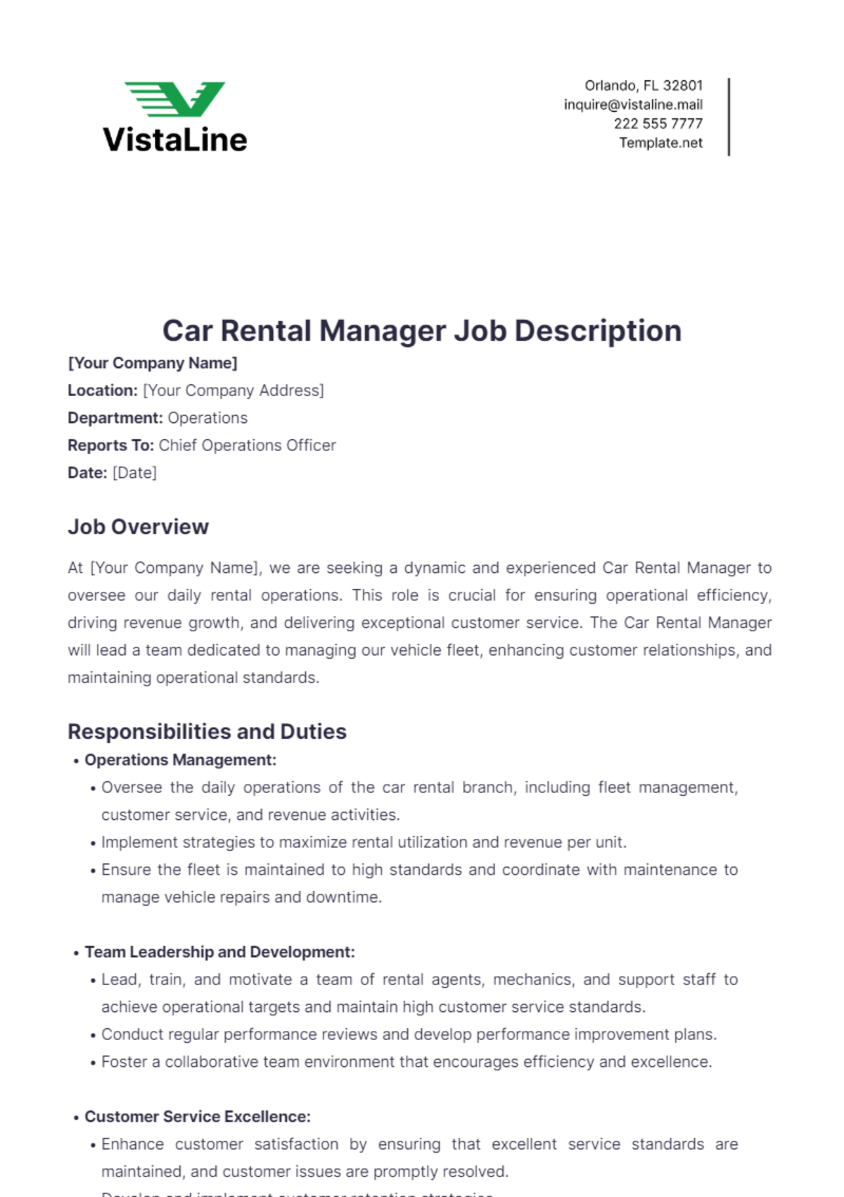 Car Rental Manager Job Description Template Edit Online & Download Example