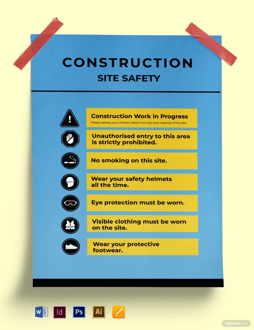 Construction Site Safety Poster Template Illustrator, InDesign, Word