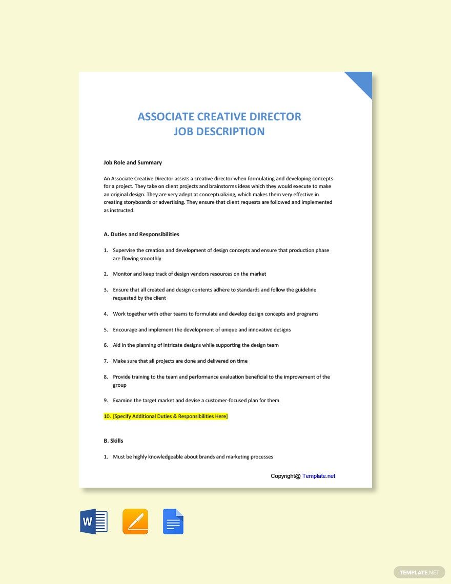 Associate Creative Director Job Description in Google Docs, Word, Pages