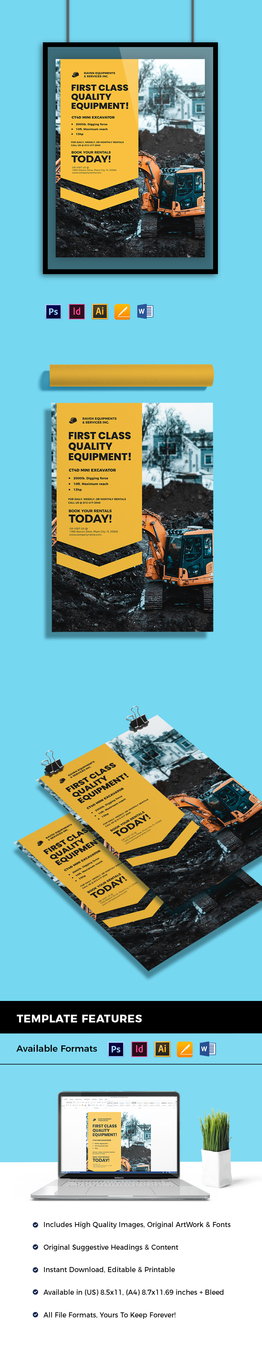 Construction Equipment Poster Template Illustrator, InDesign, Word