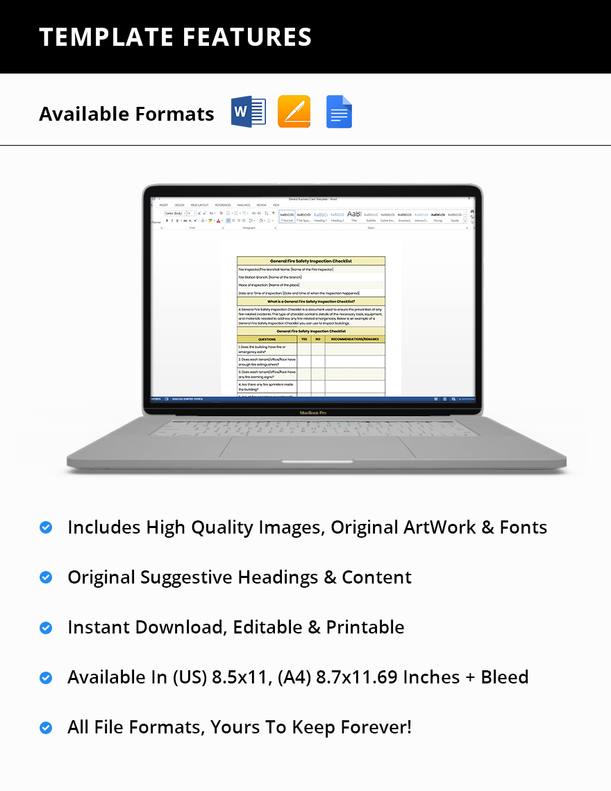 General Fire Safety Inspection Checklist Template in Google Docs, Pages
