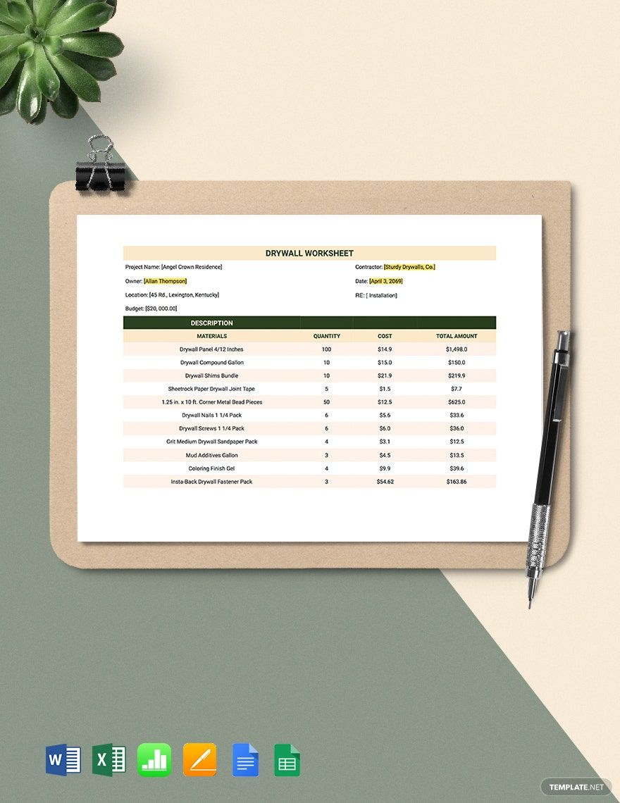 Drywall Worksheet Template in Apple Numbers, Excel, Pages, Word, Google