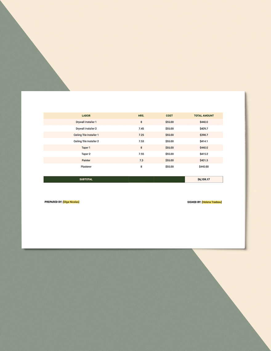 Drywall Worksheet Template in Apple Numbers, Excel, Pages, Word, Google