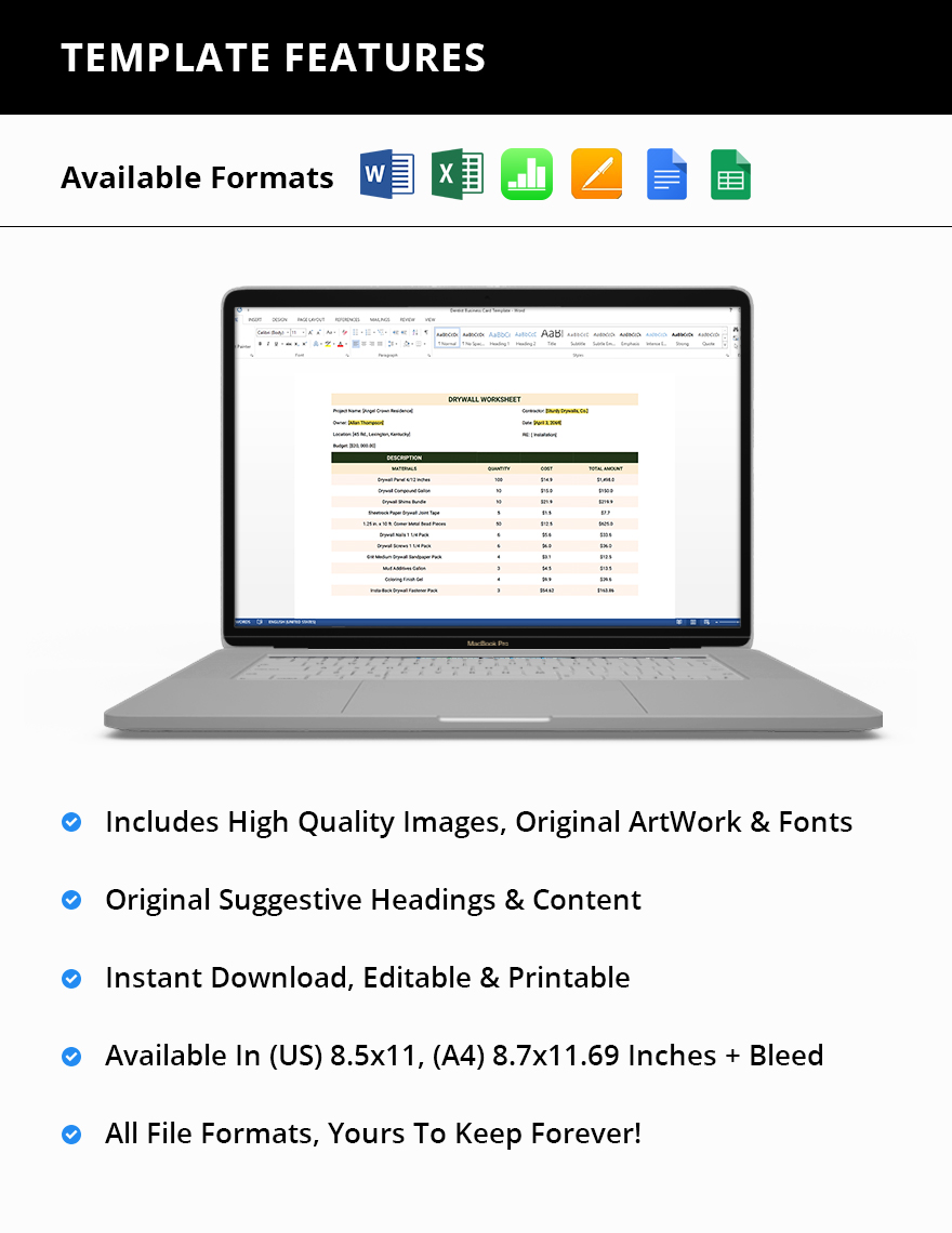 Drywall Worksheet Template in Apple Numbers, Excel, Pages, Word, Google