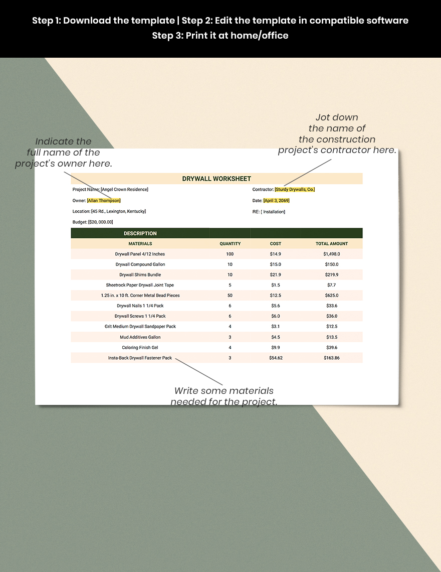 Drywall Worksheet Template in Apple Numbers, Excel, Pages, Word, Google