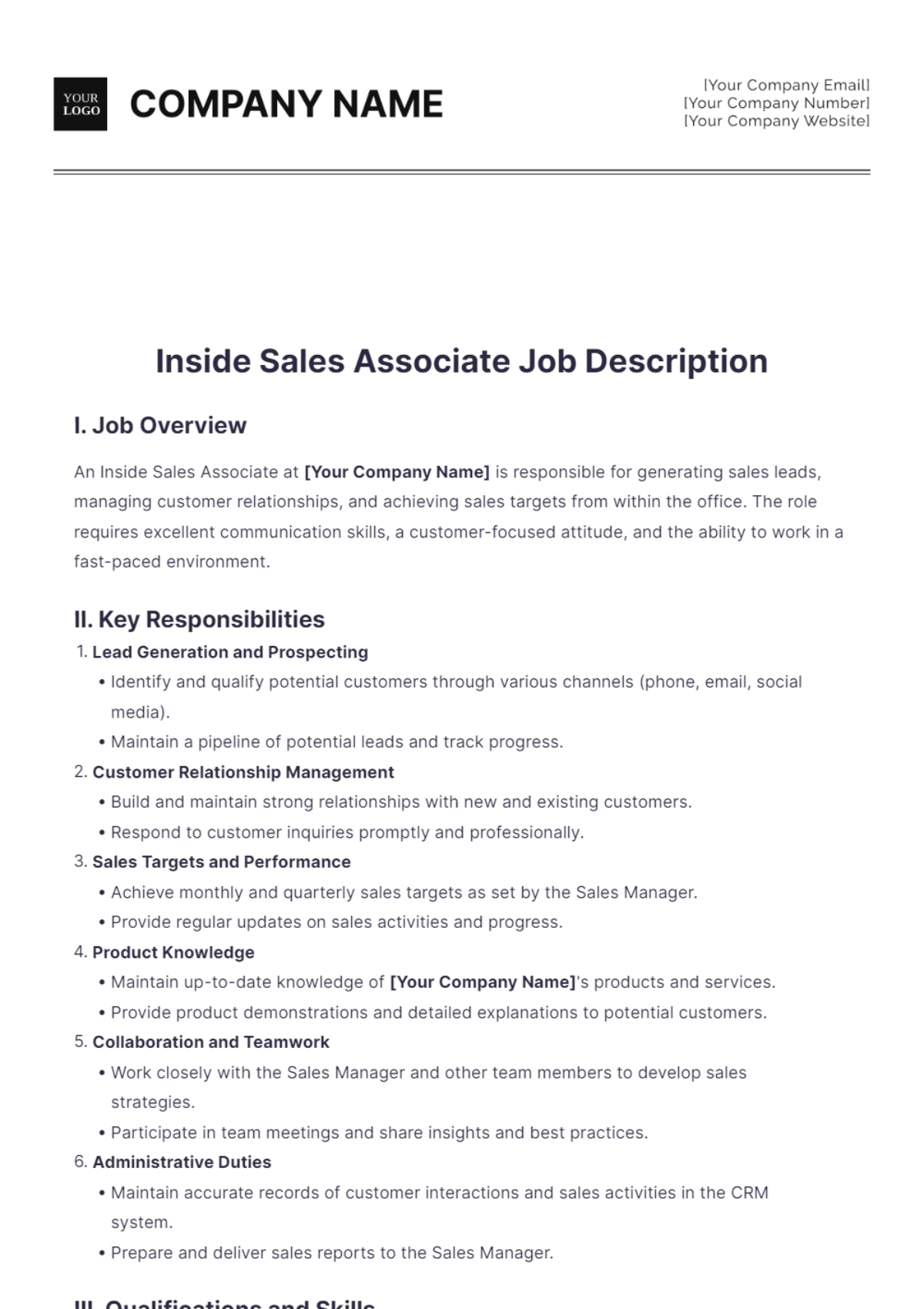 Inside Sales Associate Job Description Edit Online & Download Example