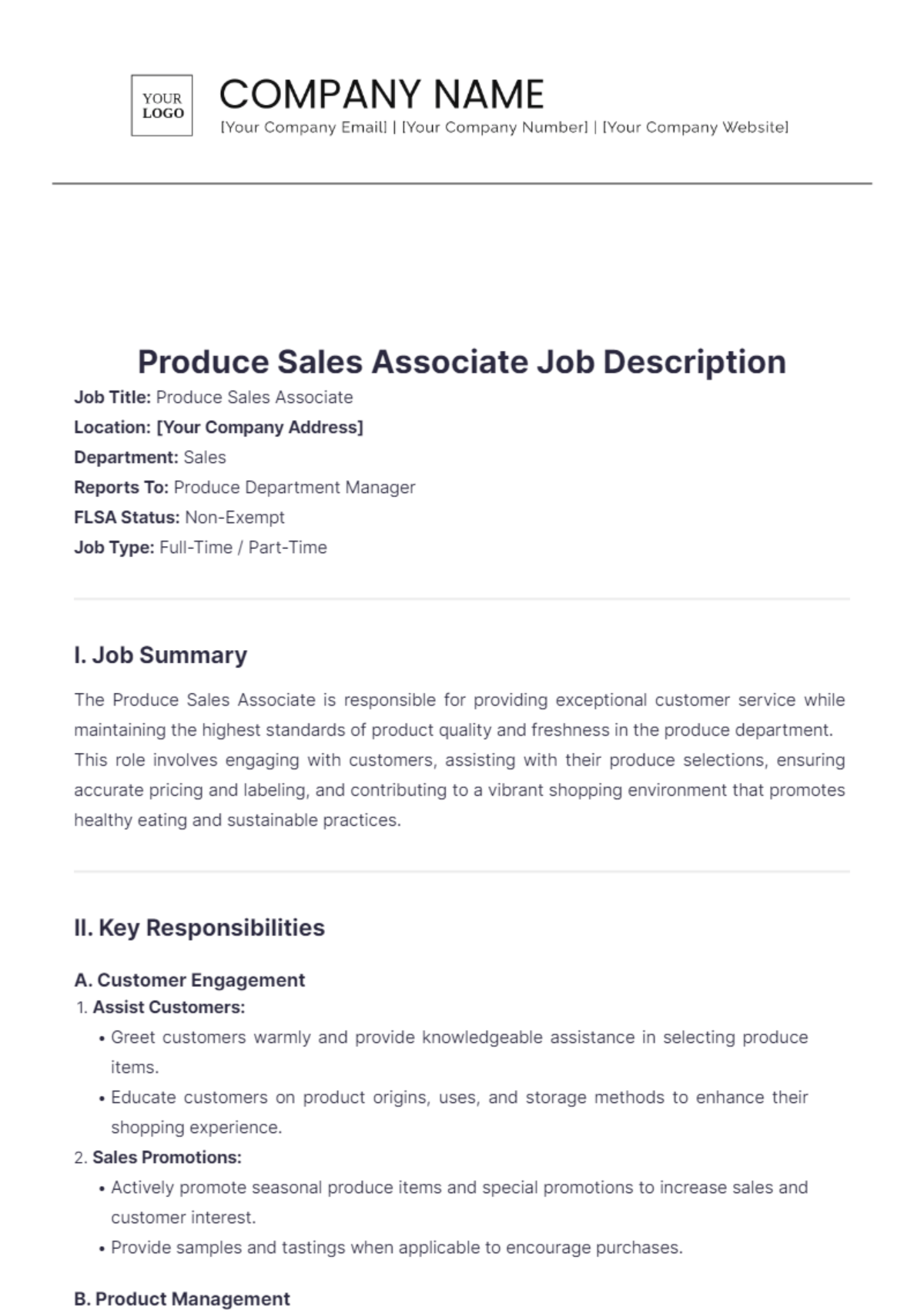 Produce Sales Associate Job Description Edit Online & Download