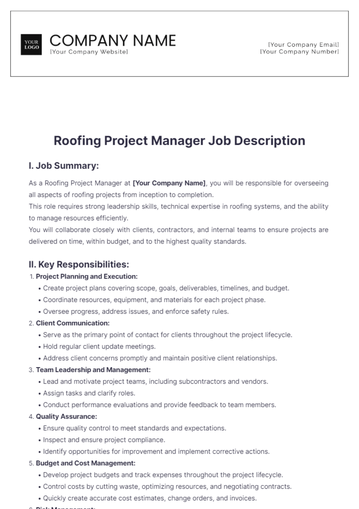 Roofing Project Manager Job Description Edit Online & Download