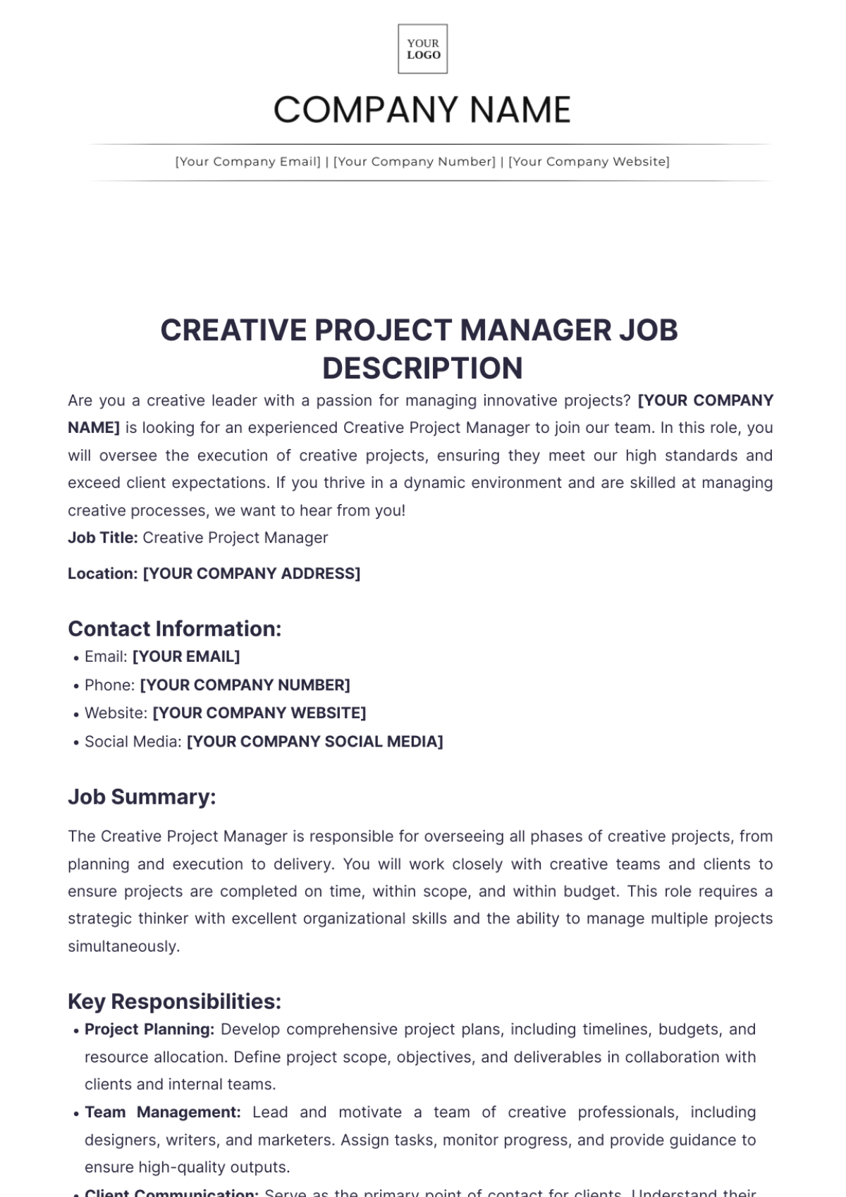 Creative Project Manager Job Description Edit Online & Download