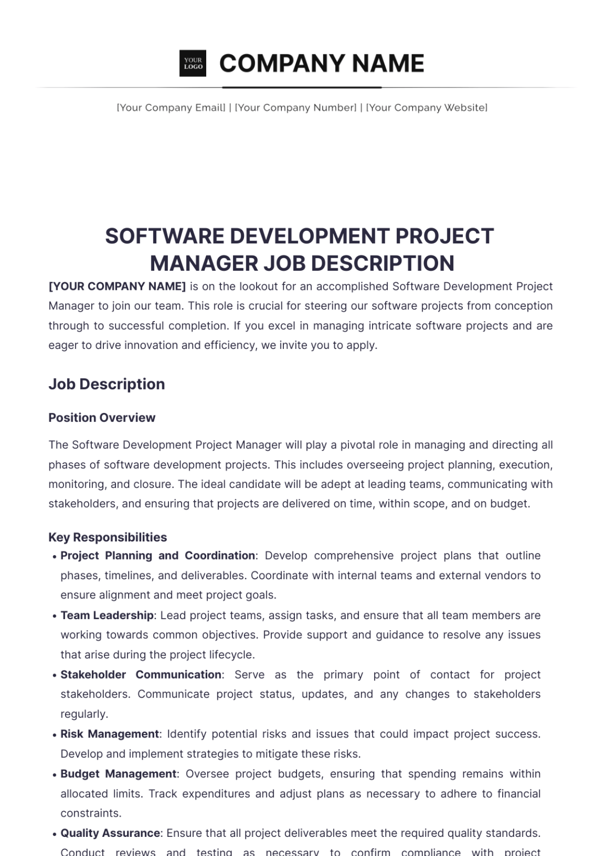 Software Development Project Manager Job Description Edit Online