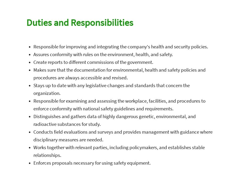 Environmental Health And Safety Manager Sample Job Description Template
