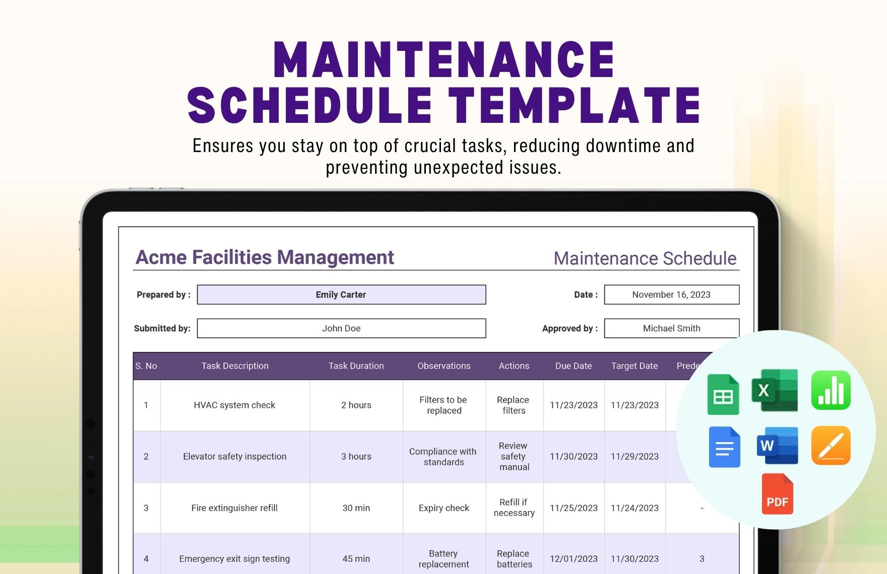 Maintenance Schedule Template in Excel, Google Sheets Download