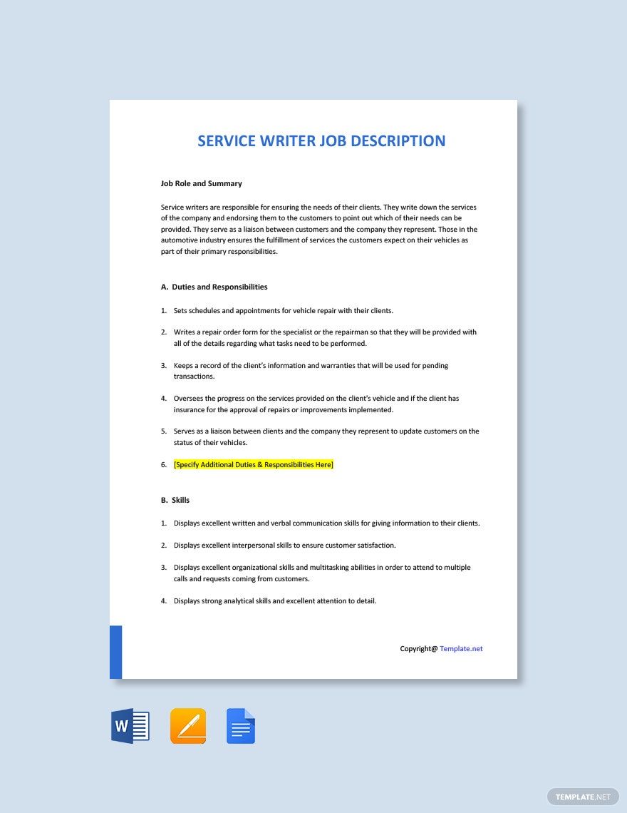 Free Service Writer Job Ad and Description Template Download in Word