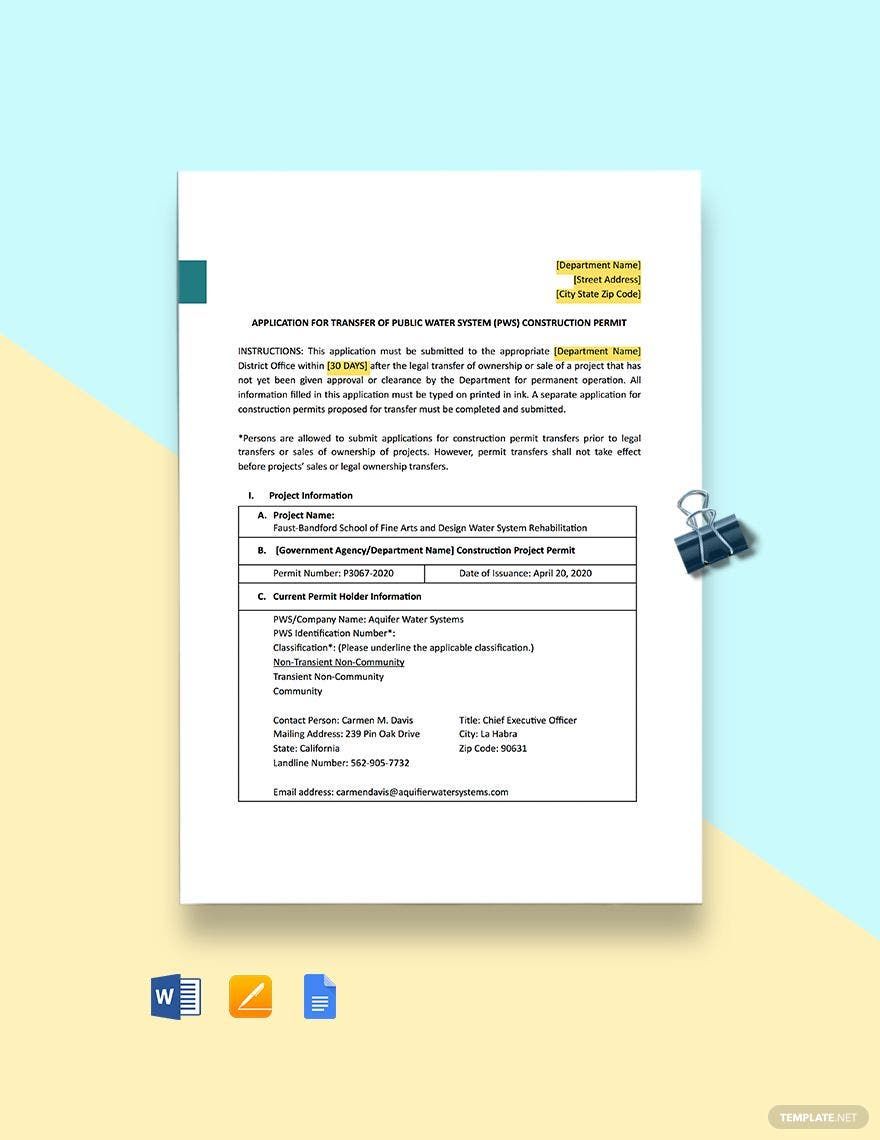 Construction Transfer Permit Template in Pages, Word, Google Docs