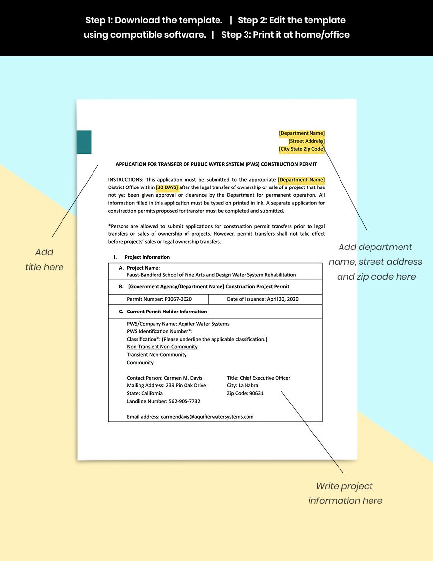 Construction Transfer Permit Template in Pages, Word, Google Docs