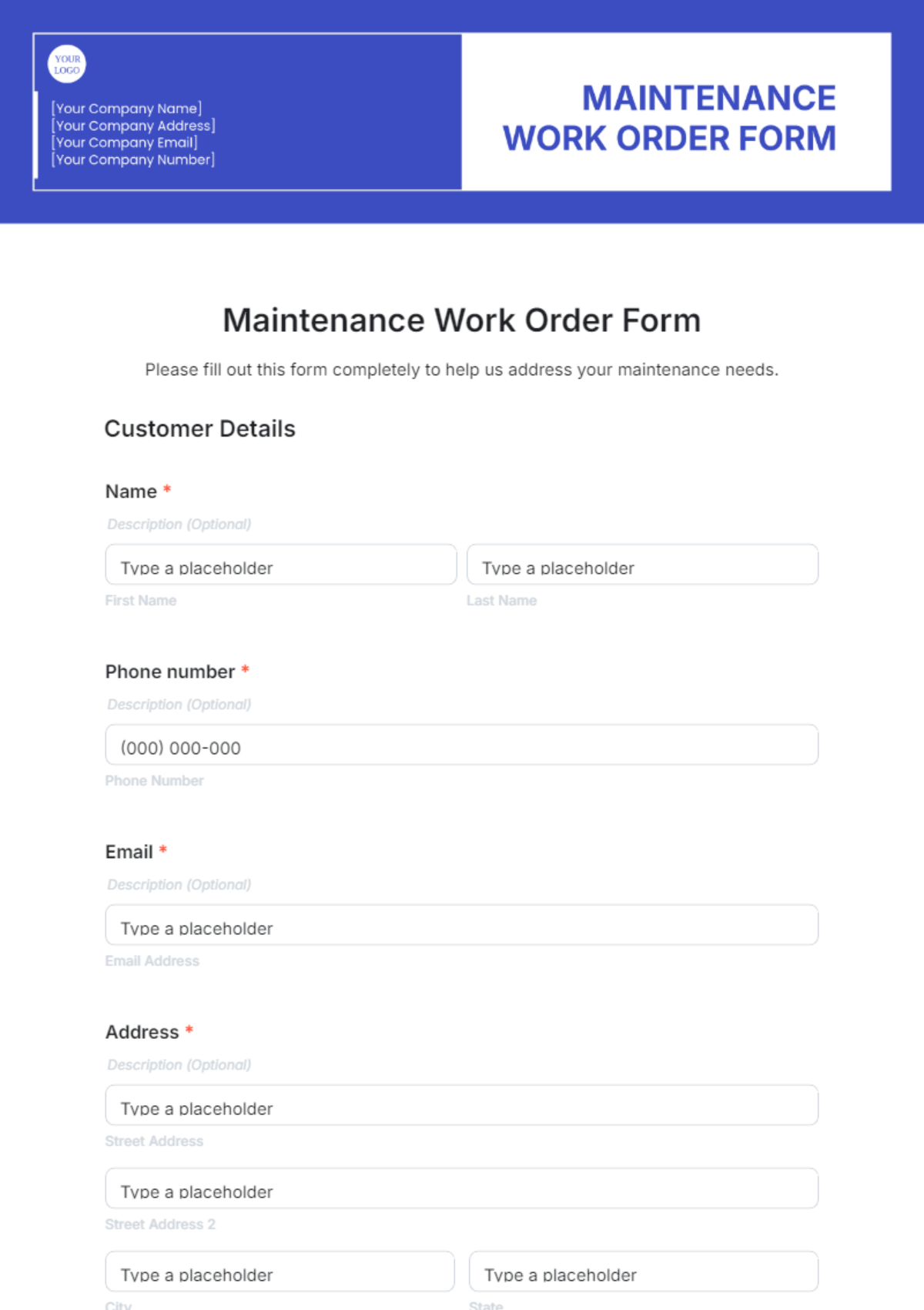 Free Equipment Repair Work Order Form Template to Edit Online
