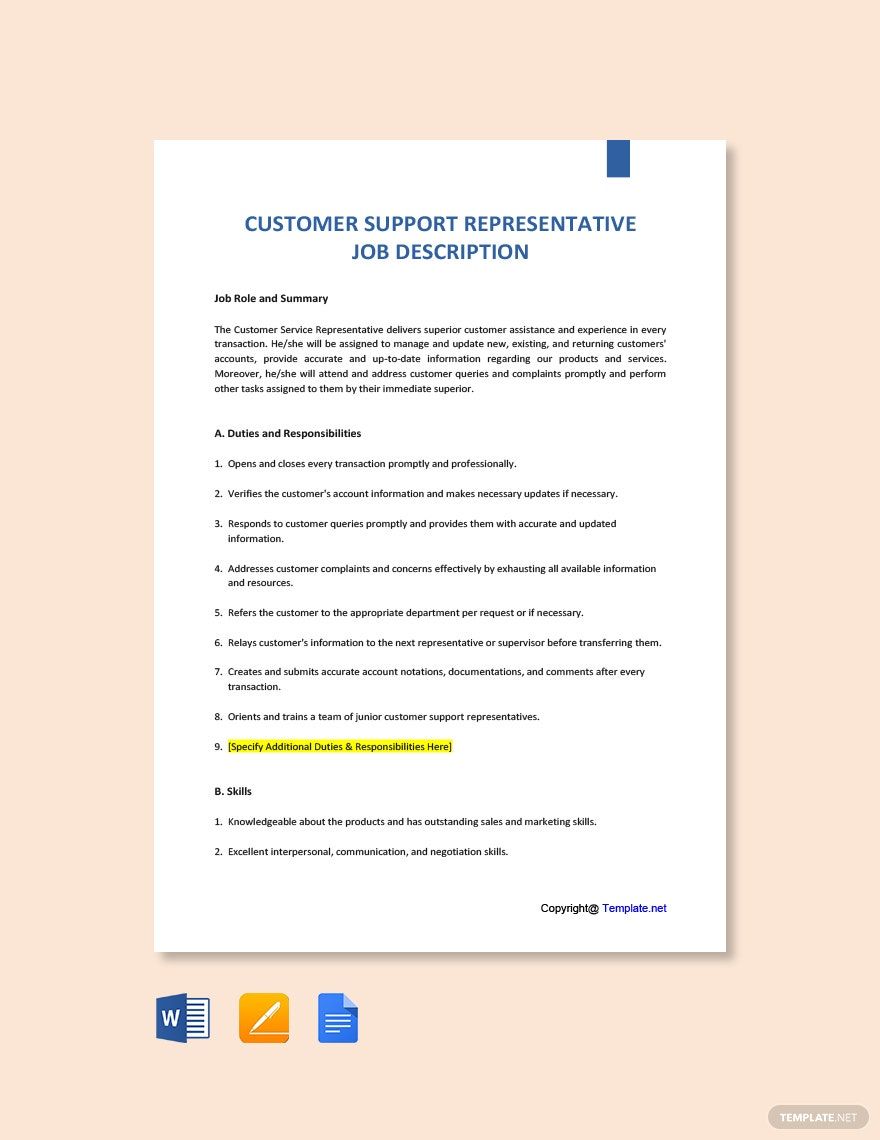 Customer Support Representative Job Ad/Description Template Download in Word, Google Docs, PDF