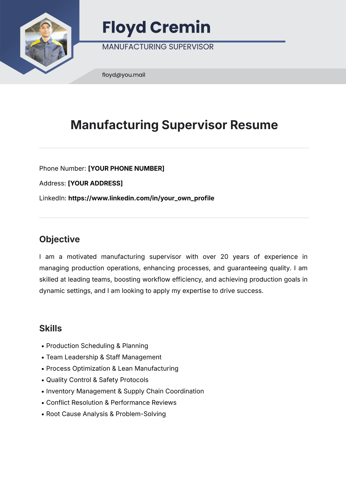 Free Manufacturing Supervisor Resume Template to Edit Online