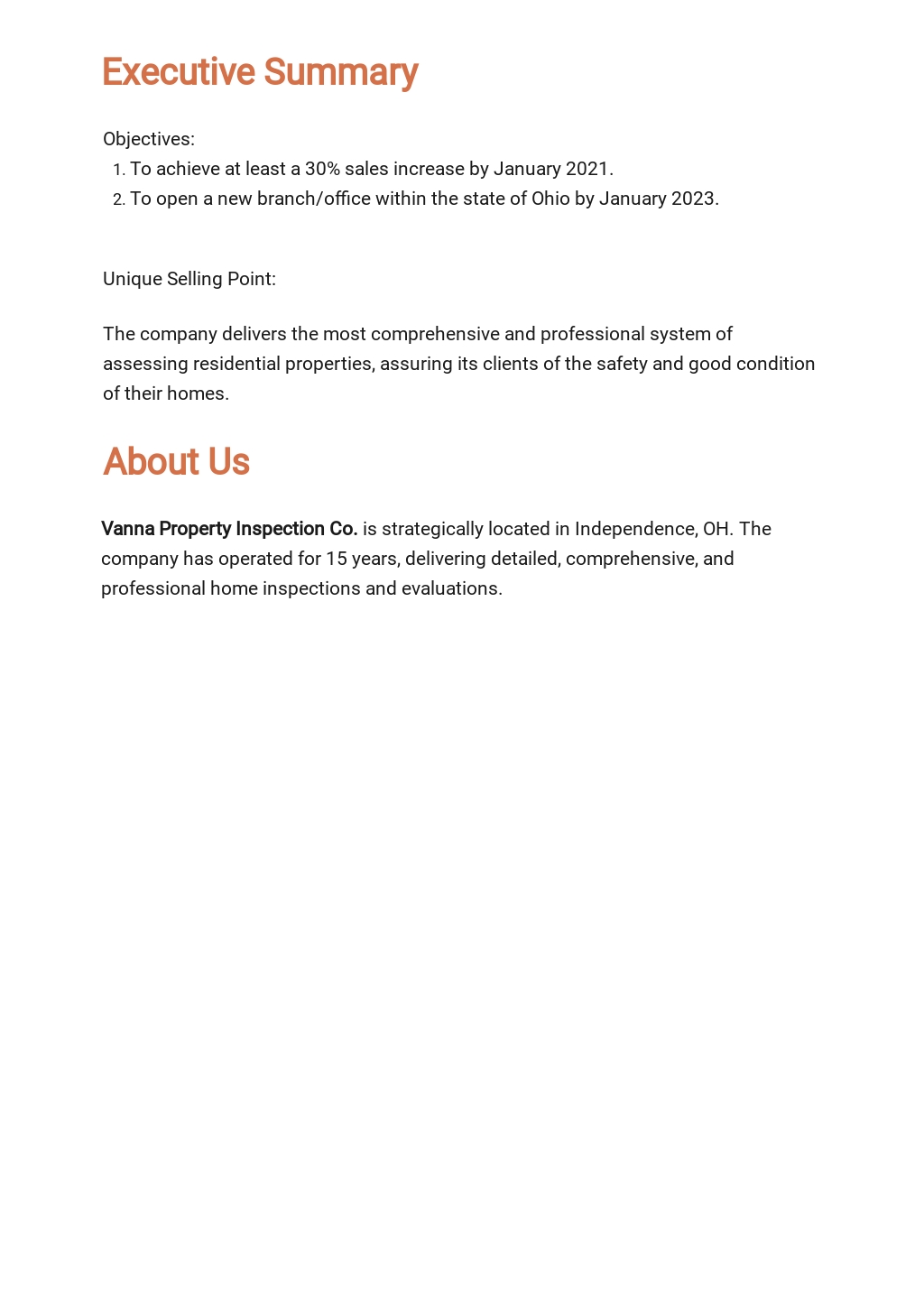 Business Property Inspection Business Plan Template in Google Docs