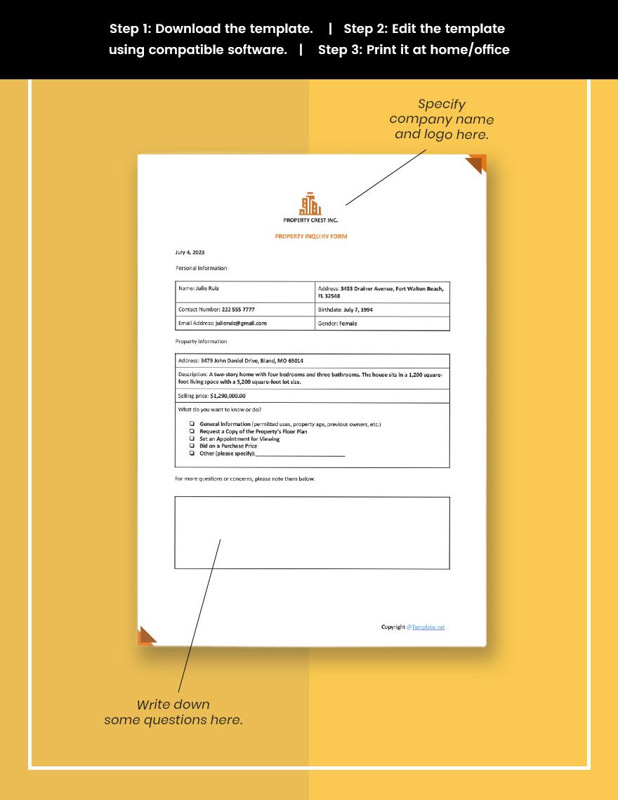 Sample Property Inquiry Form Template in Google Docs, Pages, PDF, Word
