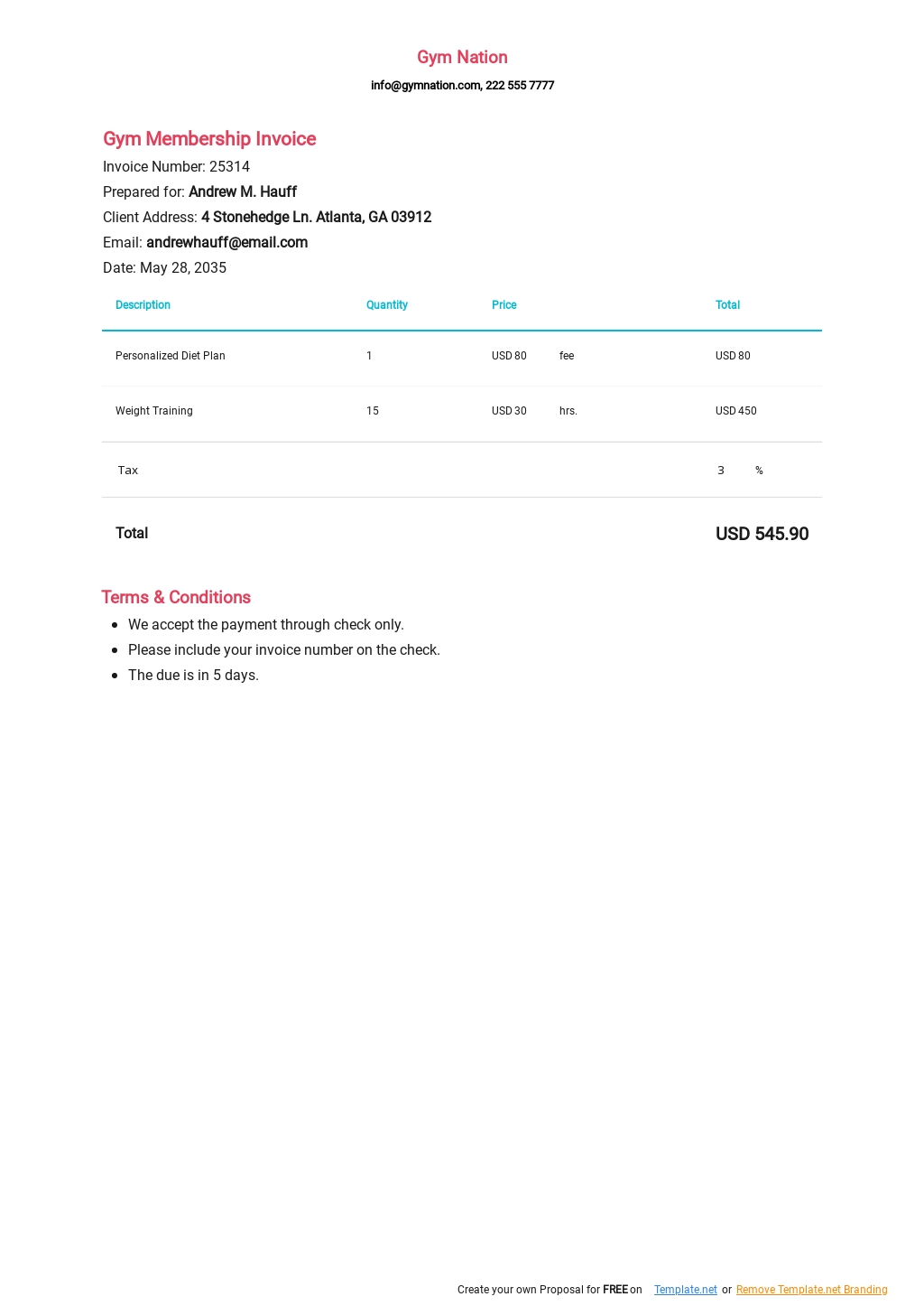 Gym Membership Invoice Template Google Docs, Google Sheets, Excel