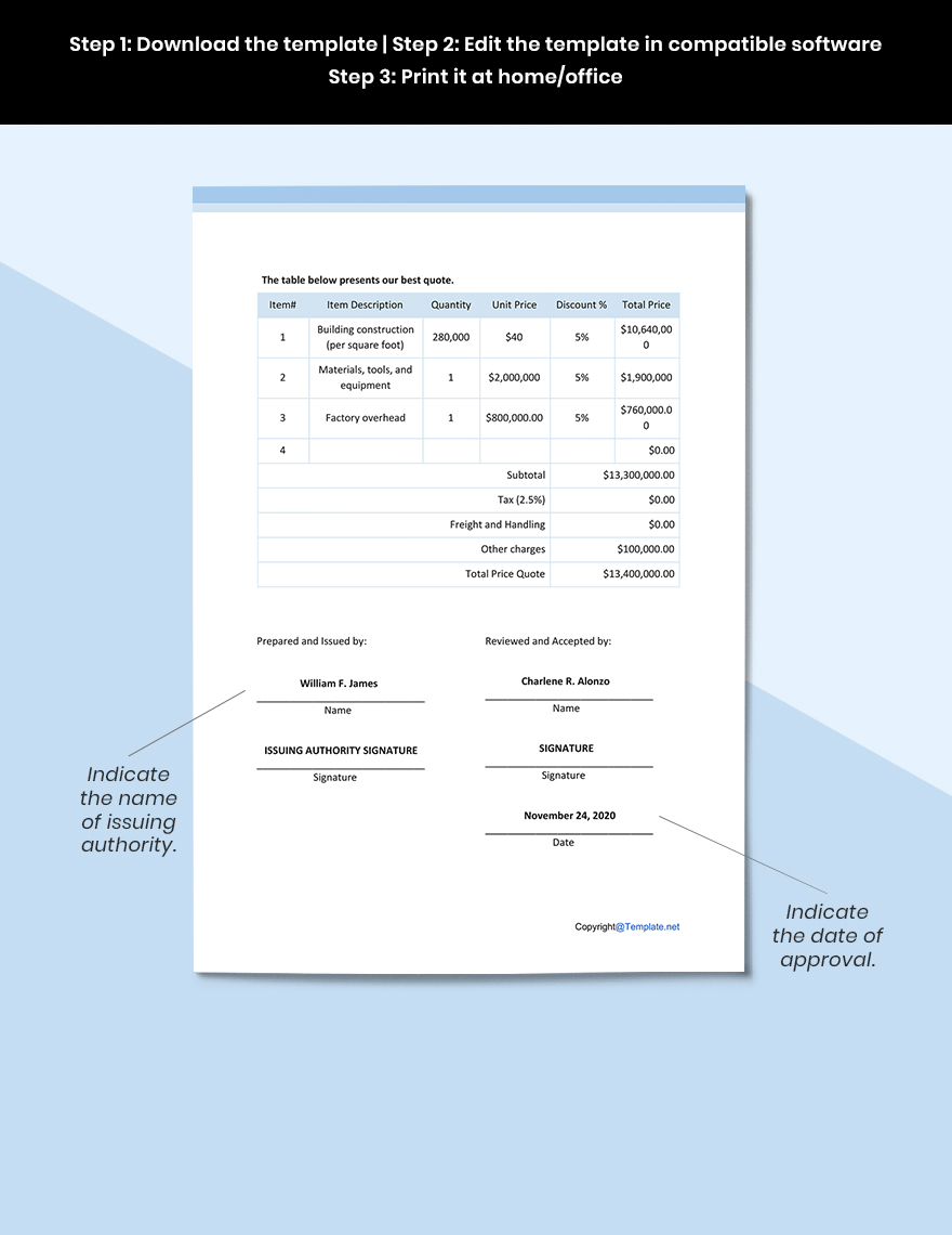 Simple Real Estate Quotation Template in Google Sheets, Numbers, Word
