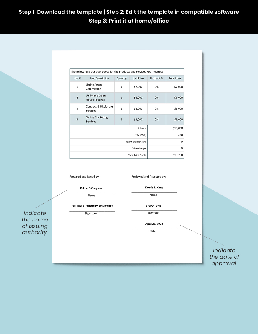 Real Estate Price Quotation Template in Google Sheets, Google Docs