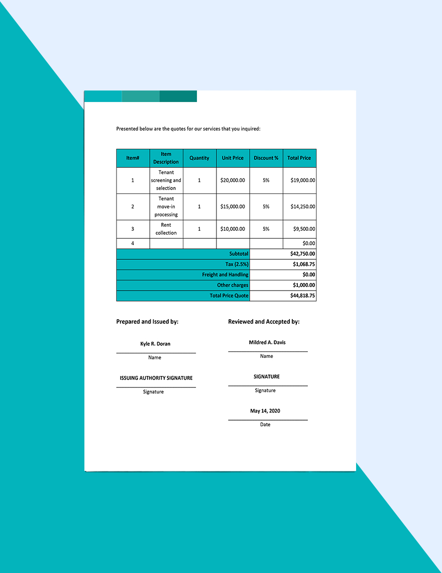 Real Estate Service Quotation Template in Google Docs, Google Sheets
