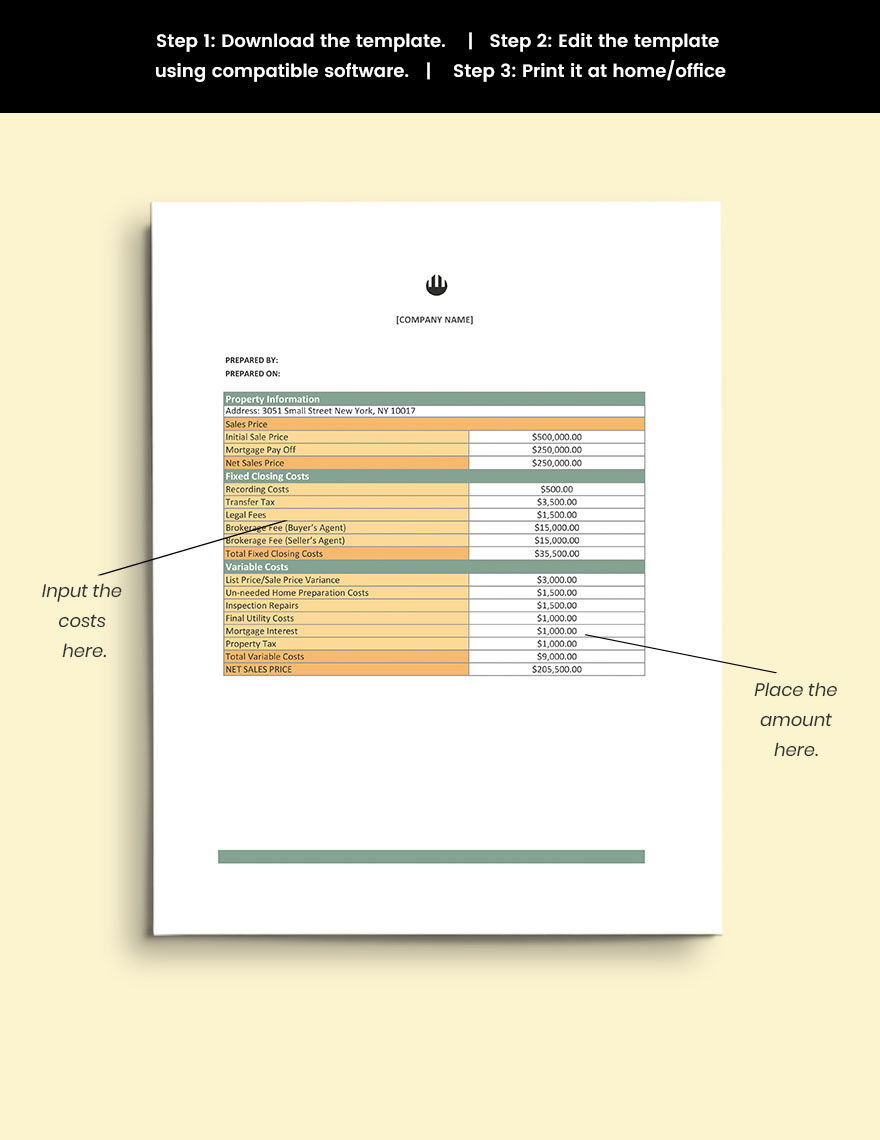 Real Estate Sale Worksheet Template in Numbers, MS Excel, Google Sheets