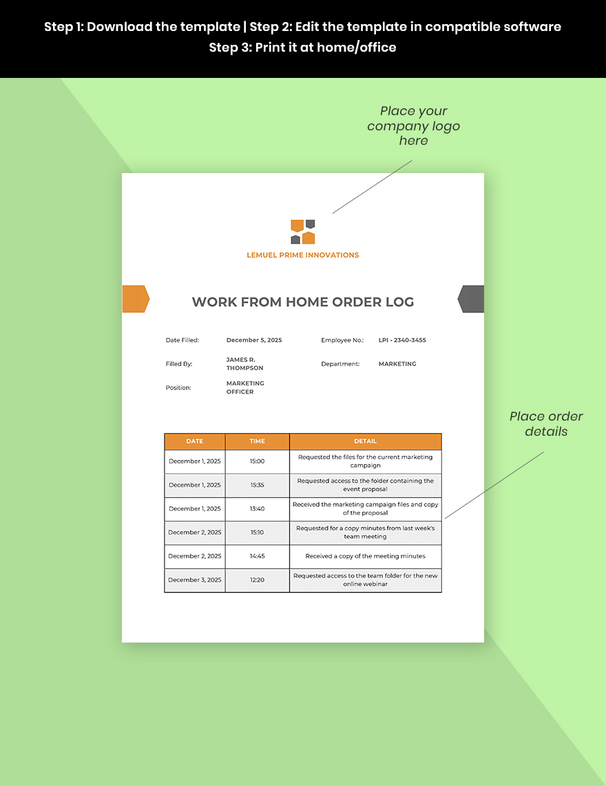Work From Home Order Log Template Download in Word, Google Docs
