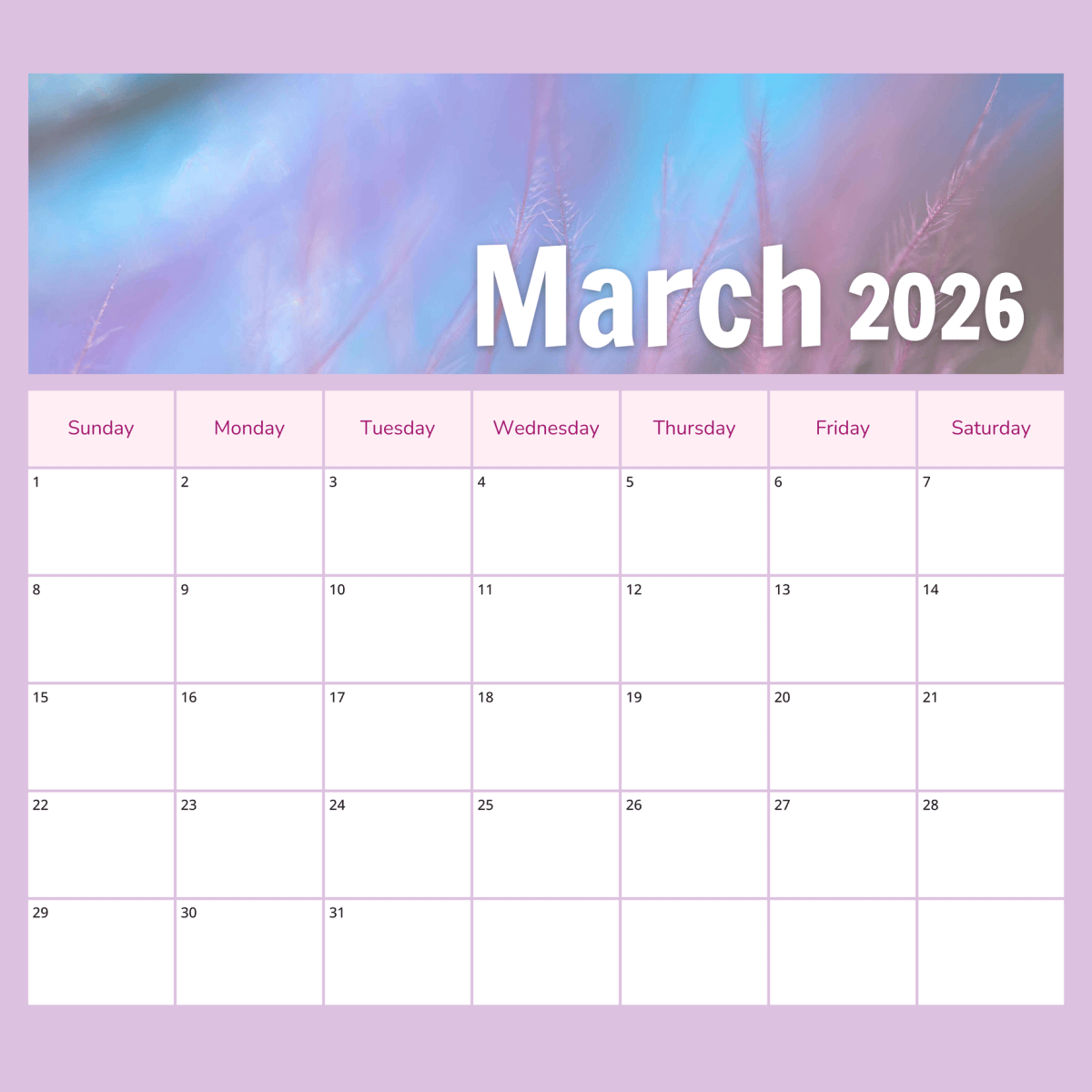 Free Square Design March 2026 Calendar Template to Edit Online