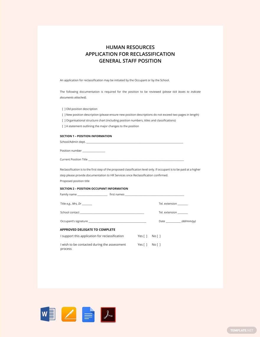 HR Application Form for Reclassification Template in Word, Pages, PDF