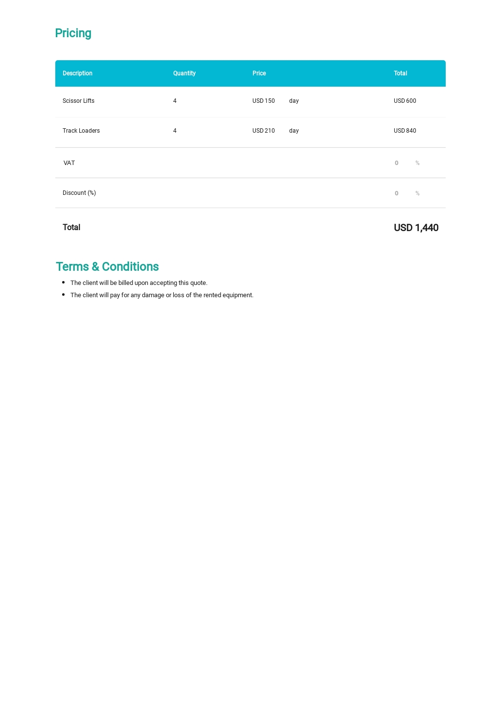 Rental Quotation Sample Template Google Docs, Word