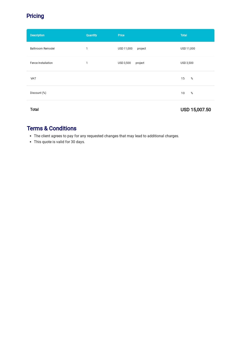 Job Quotation Sample Template Google Docs, Word