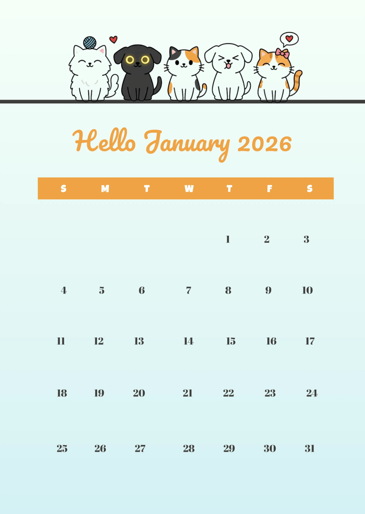 Free Cute January 2026 Calendar Template to Edit Online