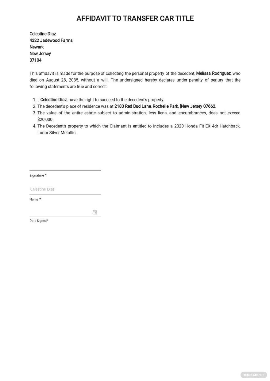 Affidavit to Transfer Car Title Template Google Docs, Word