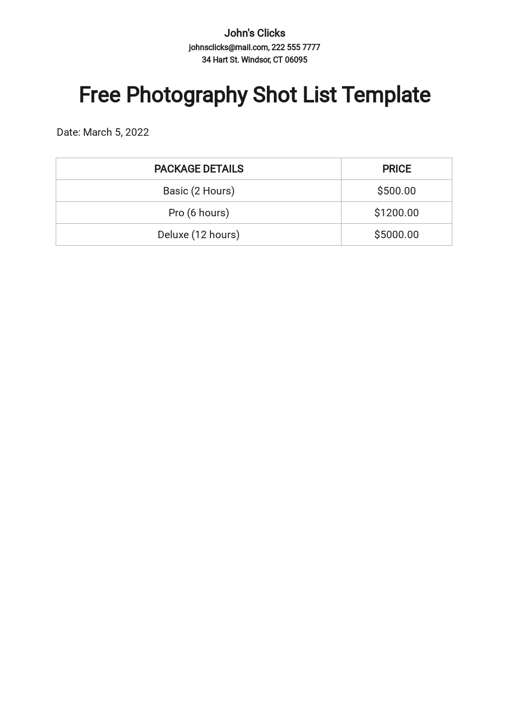 FREE Photography Business Templates PDF