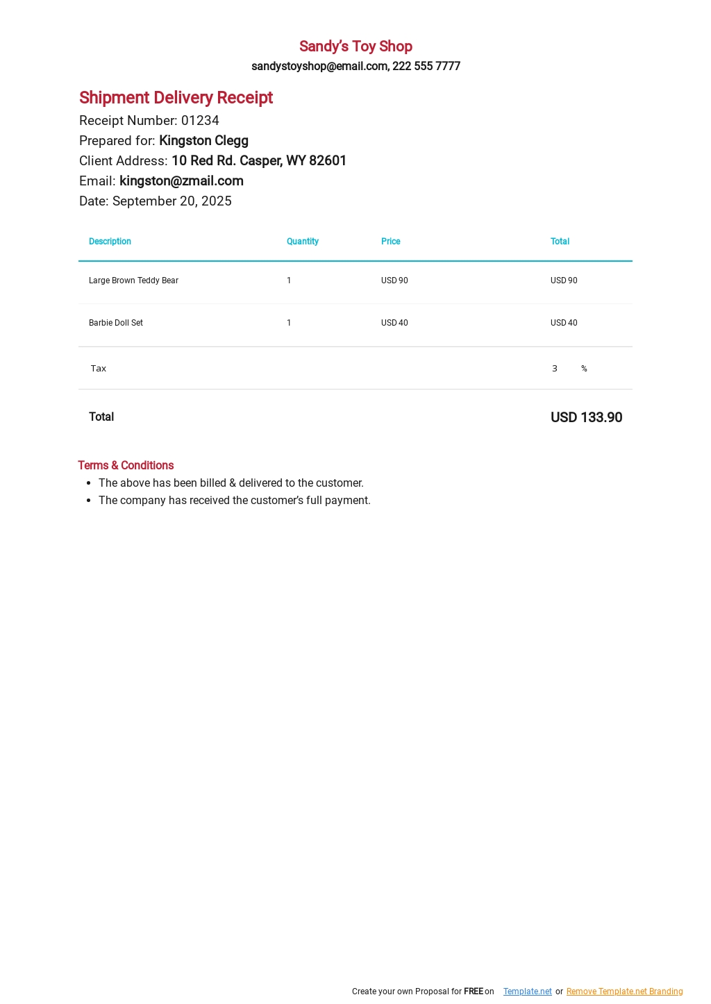 Shipment Delivery Receipt Template in Google Docs, Google Sheets, Excel