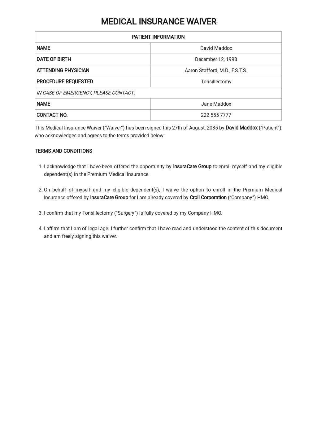 Medical Insurance Waiver Template Google Docs, Word