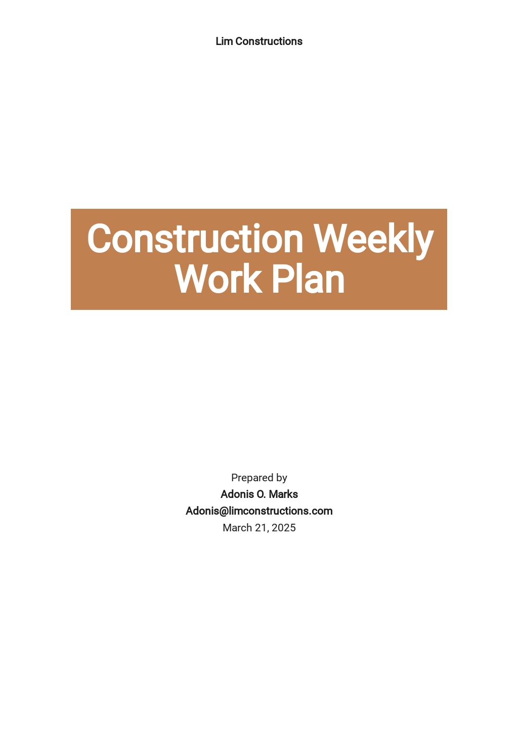 Construction Weekly Work Plan Template Google Docs, Word, Apple Pages