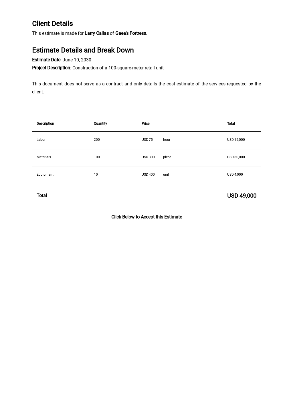 Contractor Estimate Form Template [Free PDF] Excel, Word, Apple