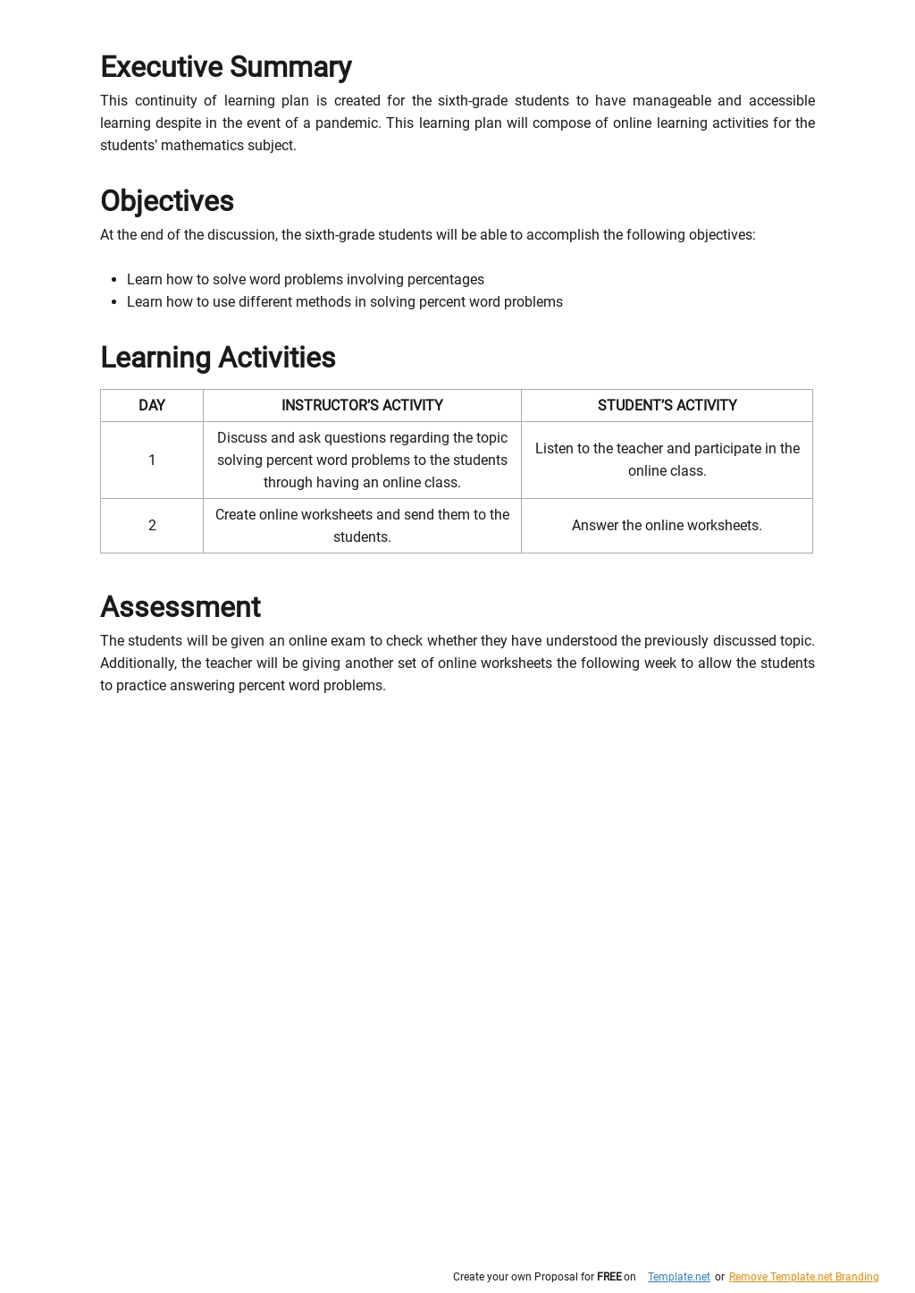 Continuity of Learning Plan Template Google Docs, Word, Apple Pages