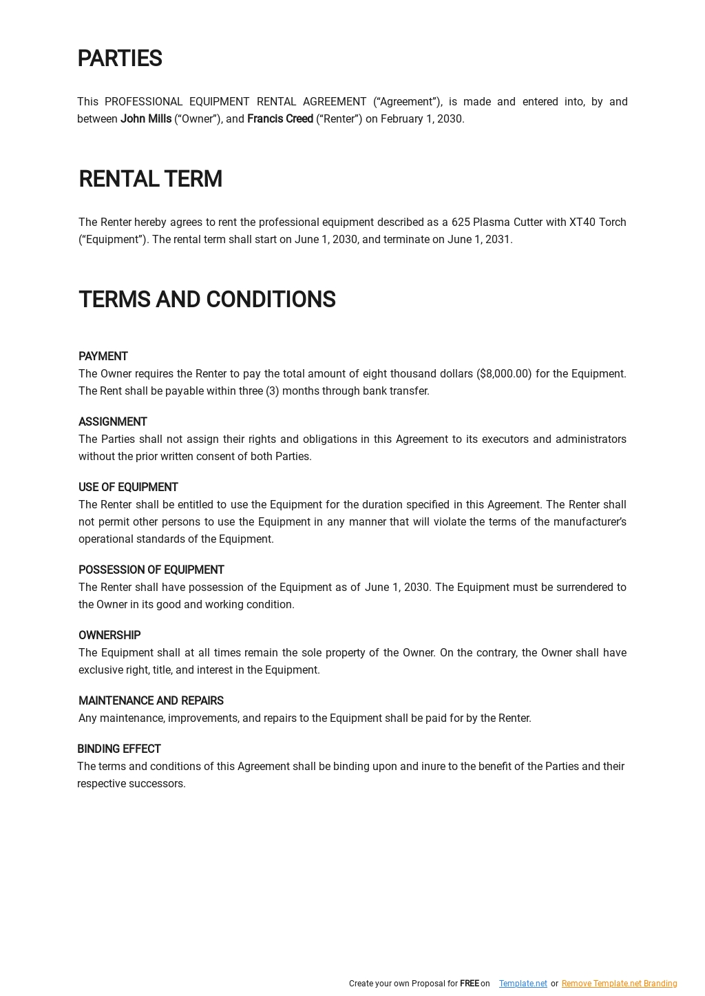 FREE Professional Equipment Rental Agreement Template in Google Docs