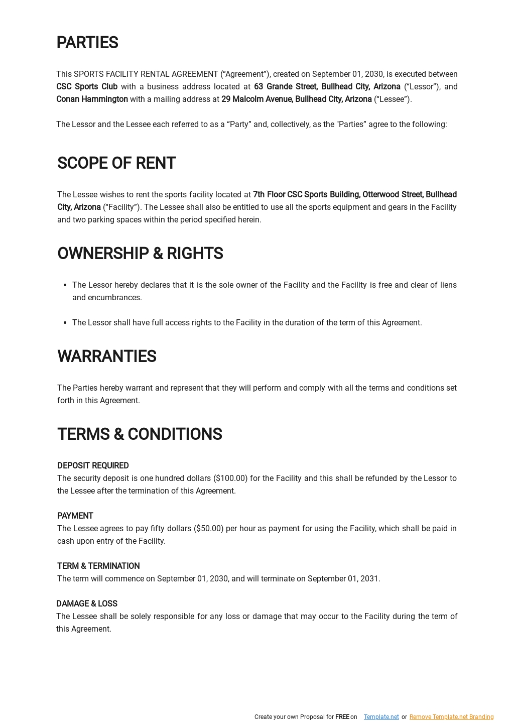 Sports Facility Rental Agreement Template in