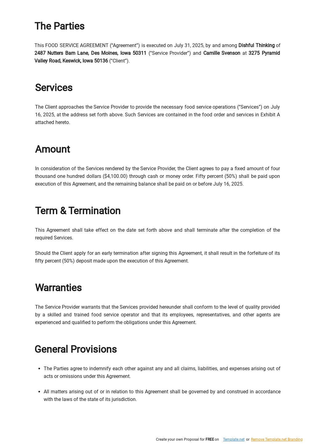 Food Service Agreement Template in