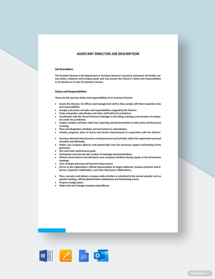 Assistant Director Job Description in Google Docs, Word, Pages, Outlook, PDF Download