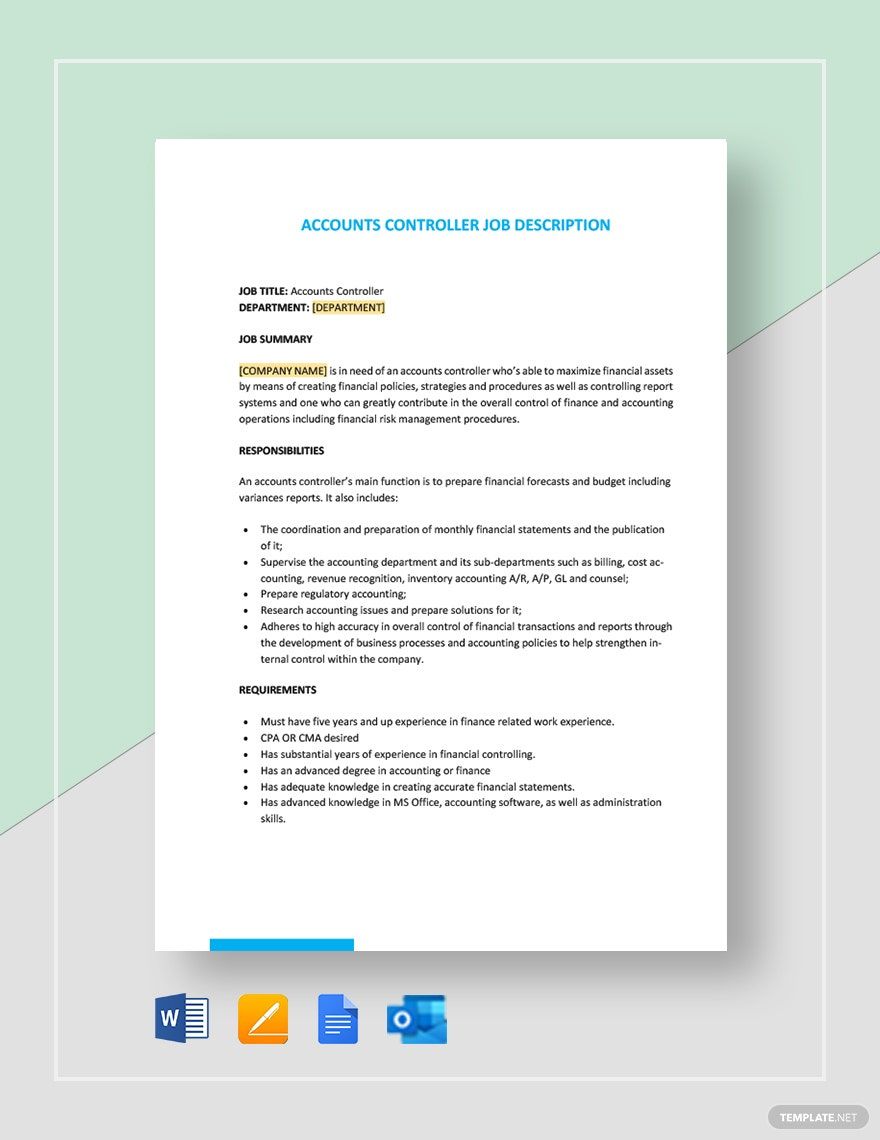 Accounts Controller Job Description in Google Docs, Word, Pages