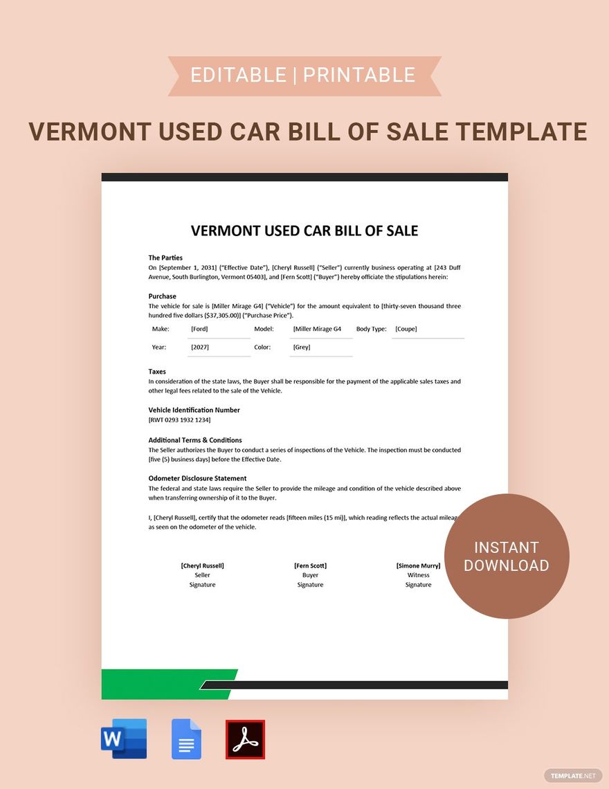 Vermont Used Car Bill of Sale Template in Word, PDF, Google Docs