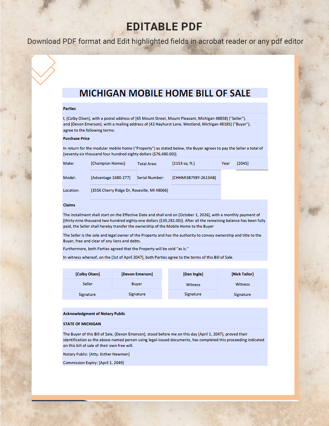 Michigan Mobile Home Bill of Sale Template in Google Docs, PDF, Word